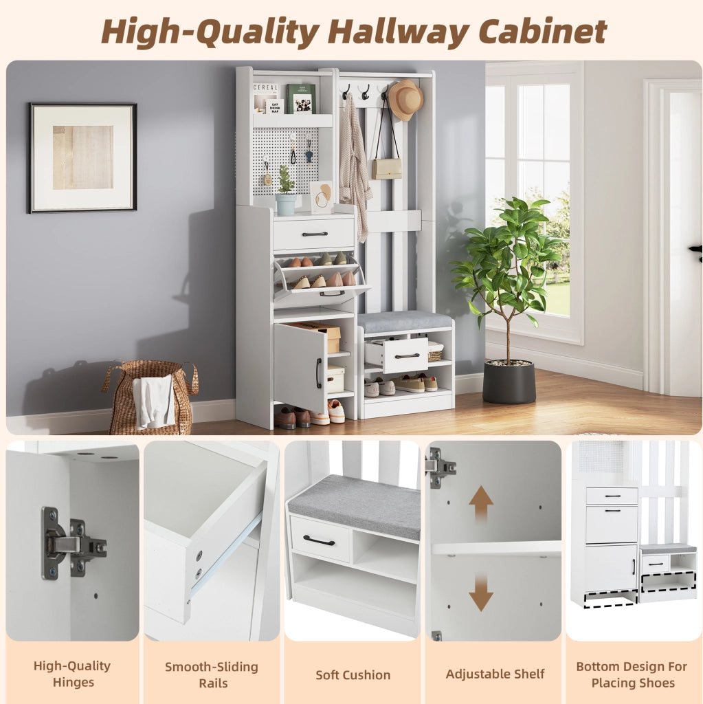 Garderoba da ingresso 7 in 1 110x35x175;5 cm con scarpiera; 2 cassetti e 4 ganci; bianco