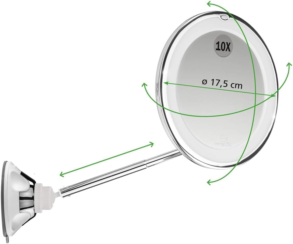 Macom, specchio cosmetico con asta telescopica brevettata, doppio snodo, ingrandimento 10x, 18 luci led e ventosa a ghiera orientabile a 360°, salvaspazio, sensation 229 new perfect mirror