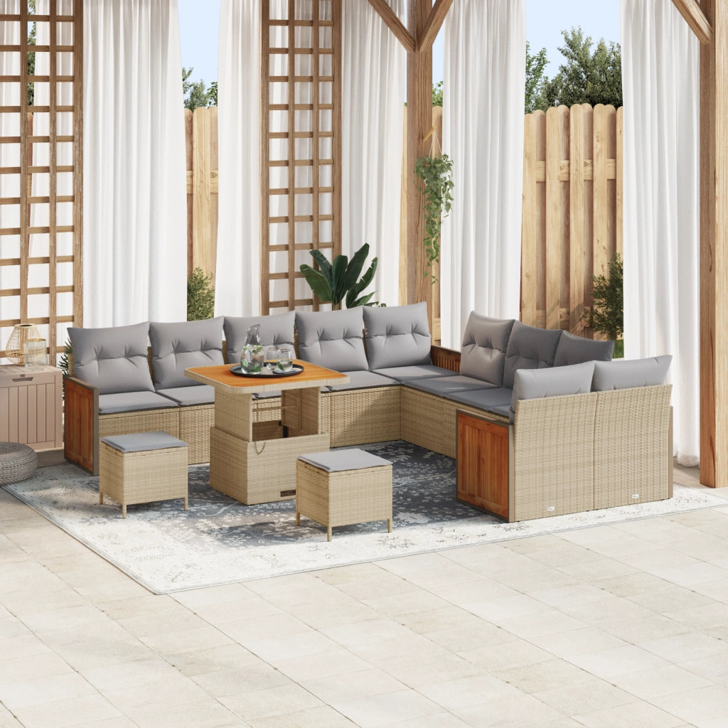 Set di Divani da Giardino  da 13 Pezzi con Cuscini Beige Polyrattan Acacia