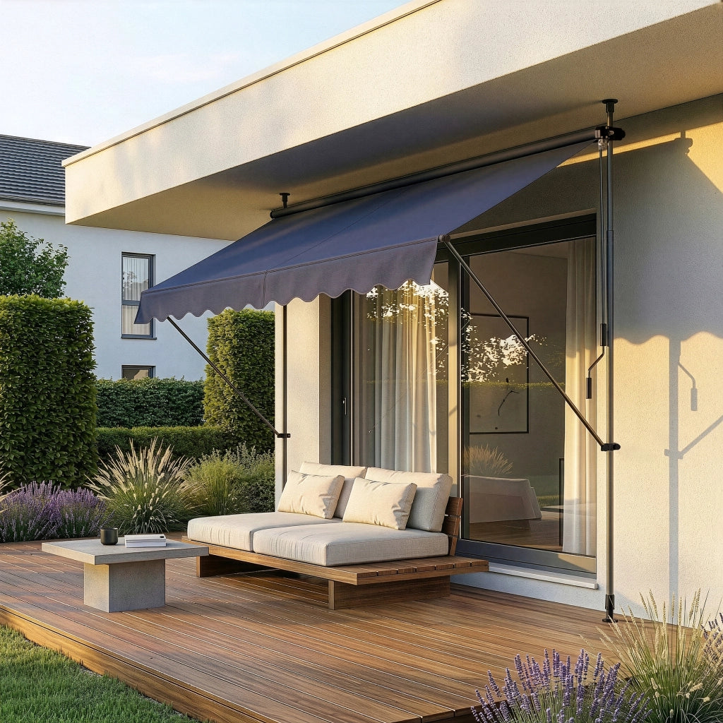 Tenda da Sole a Muro con Pali di Supporto Telescopici Parasole 400 x 120 cm (LxP) Blu Scuro pro.tec