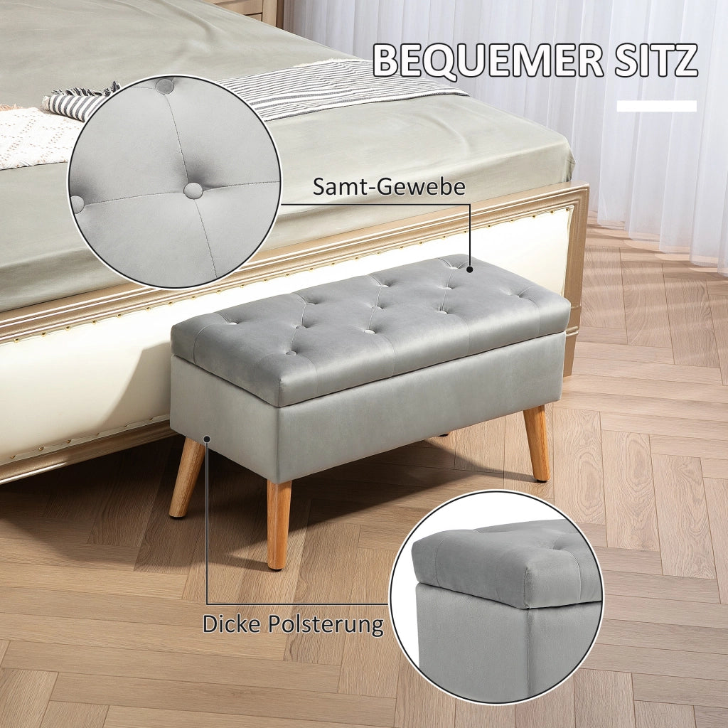 Panca contenitore imbottita con spazio nascosto, bottoni decorativi e gambe in legno in poliestere grigio 80 × 35 × 40 cm