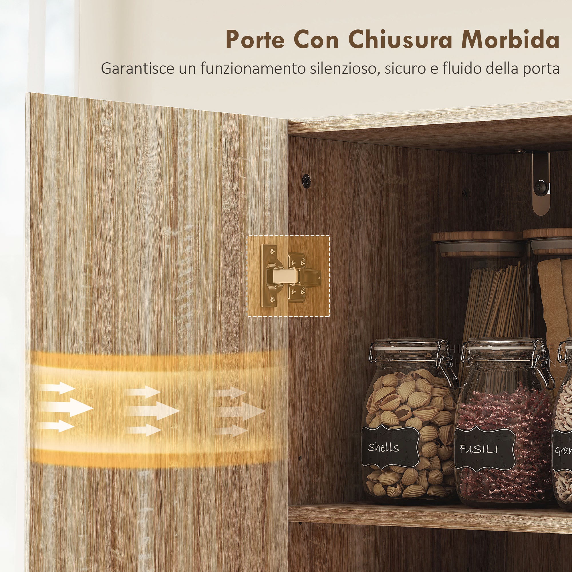 Mobile Cucina Multiuso Credenza Moderna 75x40x165 cm Ante a Chiusura Ammortizzata Color Legno