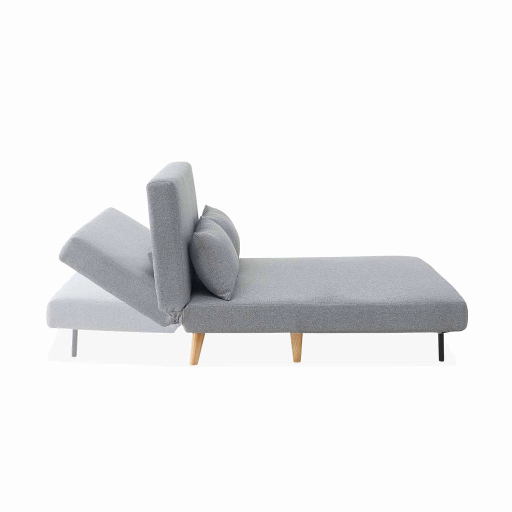 Divano letto in tessuto con gambe in legno, 2 posti, grigio chiaro