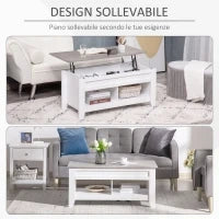 Tavolino Rettangolare con Piano sollevabile, 2 Ripiani, in Truciolato 105x50x49 cm, Bianco