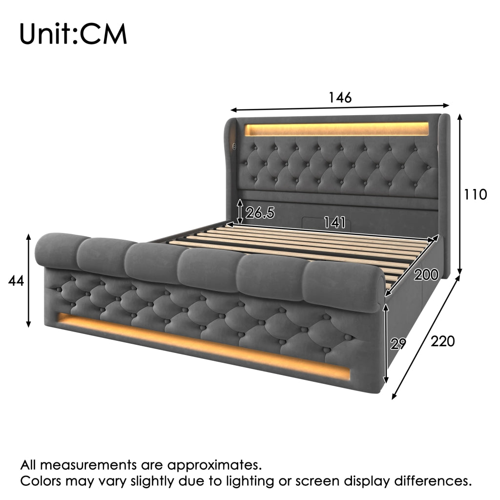 LETTO contenitore 140x200 cm in velluto grigio con LED, USB, Type-C e materasso incluso