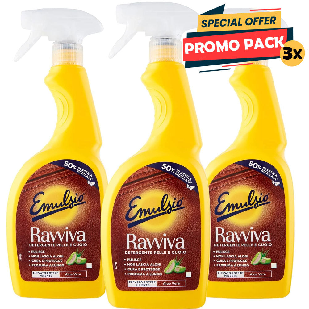 3 x 600 ml Emulsio Ravviva Pelle e Cuoio Detergente Spray Promo Pack
