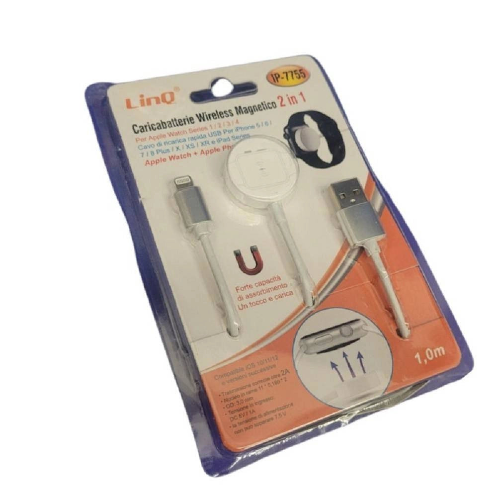 Trade Shop - Caricabatterie Wireless Magnetico 2in1 Per Watch 1 2 3 4 Cavo Iphone 1mt Ip-7755 -