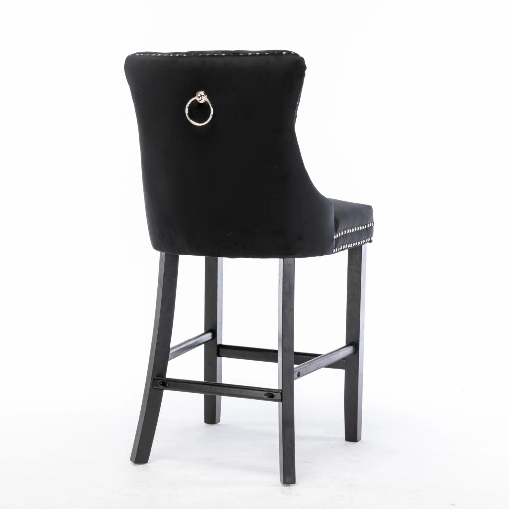 Sgabelli da Bar in Velluto con Gambe in Legno e Bottoni ¨C MINIMAL ¨C Set 2, Nero