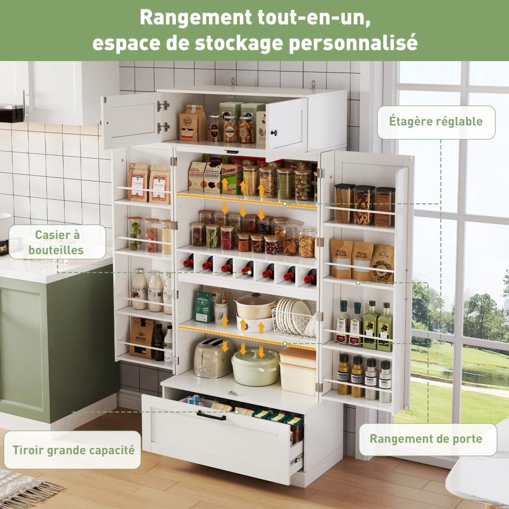 Dispensa alta con ripiani regolabili, 1 cassetto, 7 vani per bottiglie, per cucina e soggiorno, bianco 80 × 40 × 180 cm