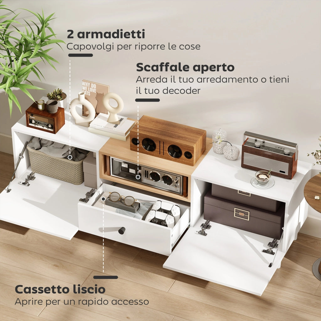 Mobile TV 70" Max con 2 Ante a Ribalta Cassetto e Scaffale Aperto 150x35x45 cm in Legno Bianco e color Legno