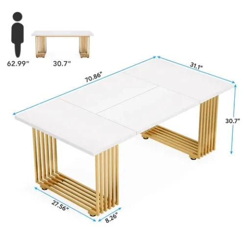 Scrivania da ufficio con piano ampio per 6-8 persone per studio e sala da pranzo in metallo e legno bianco e oro