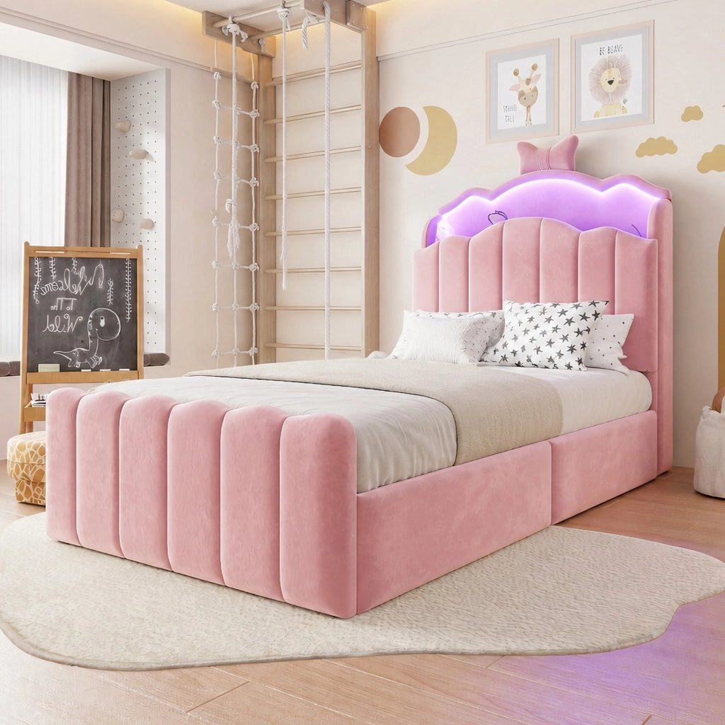 Letto per bambini 90 × 200 cm con contenitore idraulico, USB e Type-C, LED regolabile, sans materasso, en velluto rosa