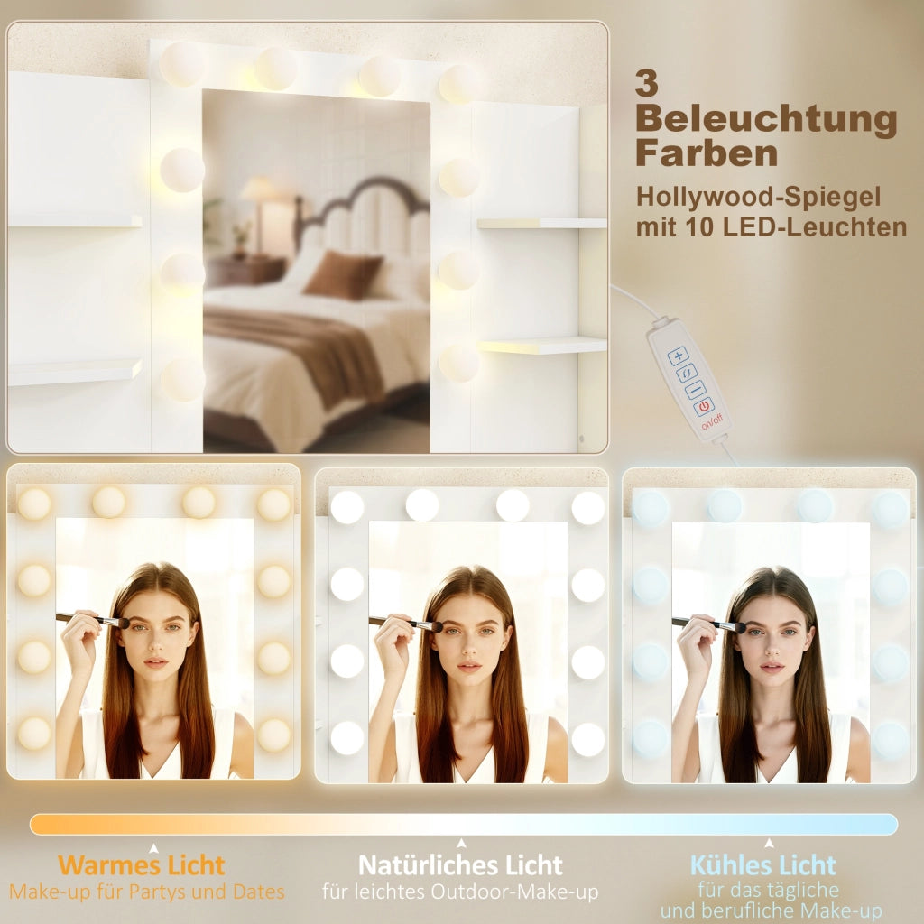 Cassettiera per trucco con specchio illuminato e sgabello imbottito ¨C zephmum ¨C bianco