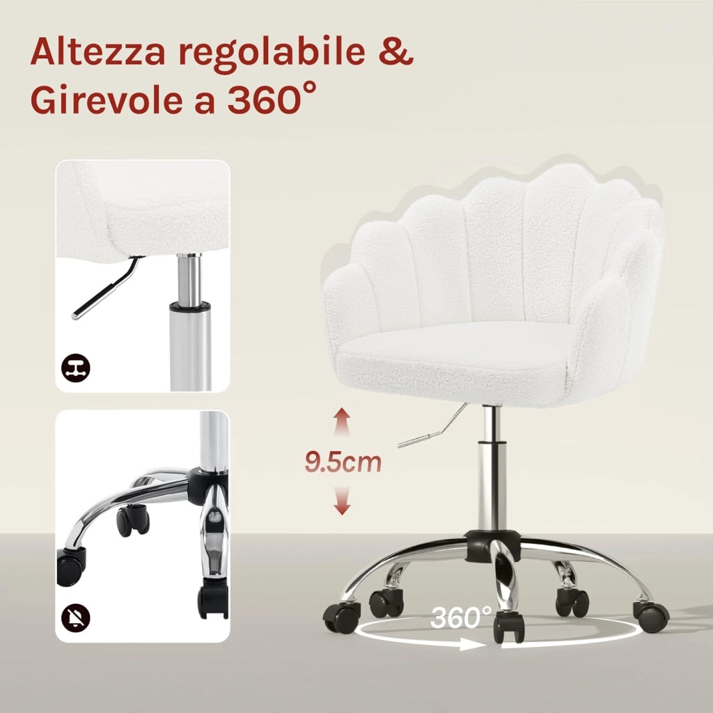 Sedia da Trucco con Schienale a Petalo, Sedia Ufficio con Braccioli e Rotelle, Poltroncina Girevole, Altura Regolabile, Cashmere, Crema