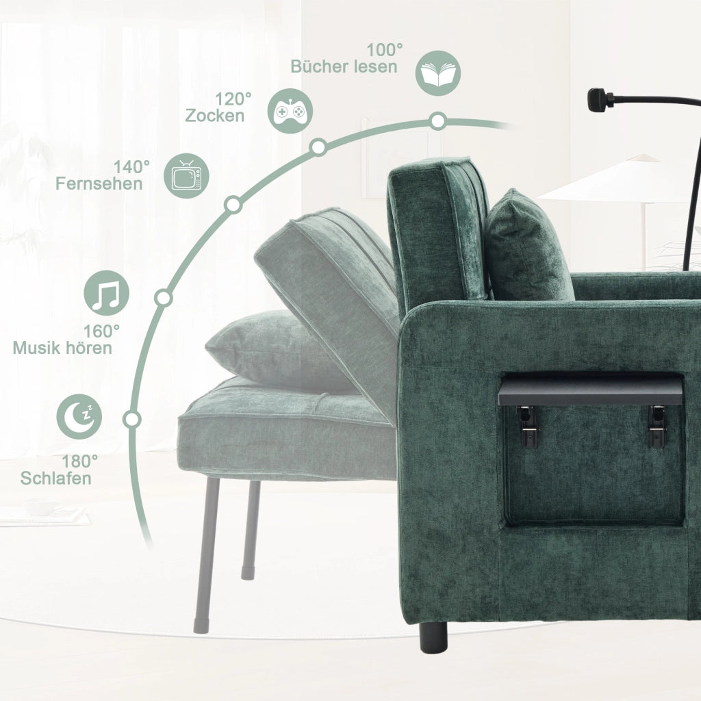 Poltrona letto convertibile extra lunga con schienale regolabile, tasche laterali e vassoio laterale in ciniglia verde