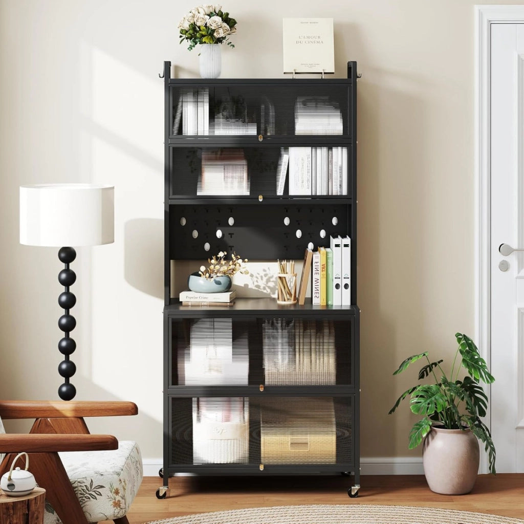 Armadio cucina 6 livelli buffet credenza, Porte ribalta supporto microonde pannello forato ganci Nero