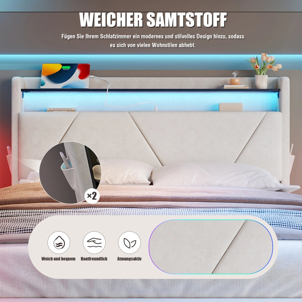 OKWISH Letto Contenitore 160×200 cm, Letto Matrimoniale con LED Regolabile, USB, Tipo C, Mensole e Tasche Laterali, senza Materasso, in Velluto, Beige