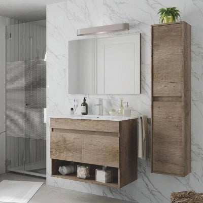 Mobile bagno sospeso 80 cm 2 ante serie Oasi rovere con specchio e pensile