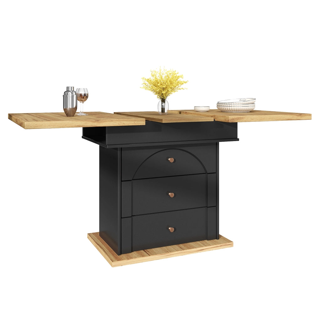 Tavolo allungabile con vano contenitore, piano estensibile e chiusura magnetica soft-close, per cucina e soggiorno, nero naturale, 110 × 80 × 75 cm