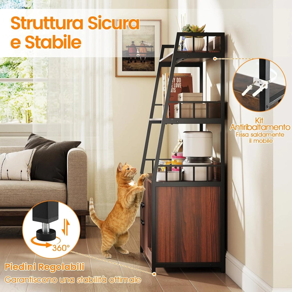 Mobile Lettiera per Gatti 80 x 40 x 132 cm, Credenza Soggiorno con Ripiani di Stoccaggio, Tiragraffi per Gatti, 2 Prese AC e Cuccia, Armadio Salvaspazio per Cuccia e Ingresso (Nocce)