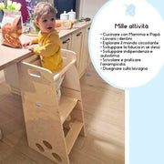 Torre di apprendimento in legno naturale per bambini dai 2 ai 6 anni - Convertibile in scala, tavolo o seggiolino per bambini - Disegno Montessoriano - Made in Italy