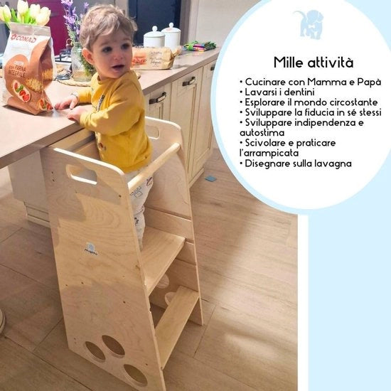 Torre di apprendimento in legno naturale per bambini dai 2 ai 6 anni - Convertibile in scala, tavolo o seggiolino per bambini - Disegno Montessoriano - Made in Italy