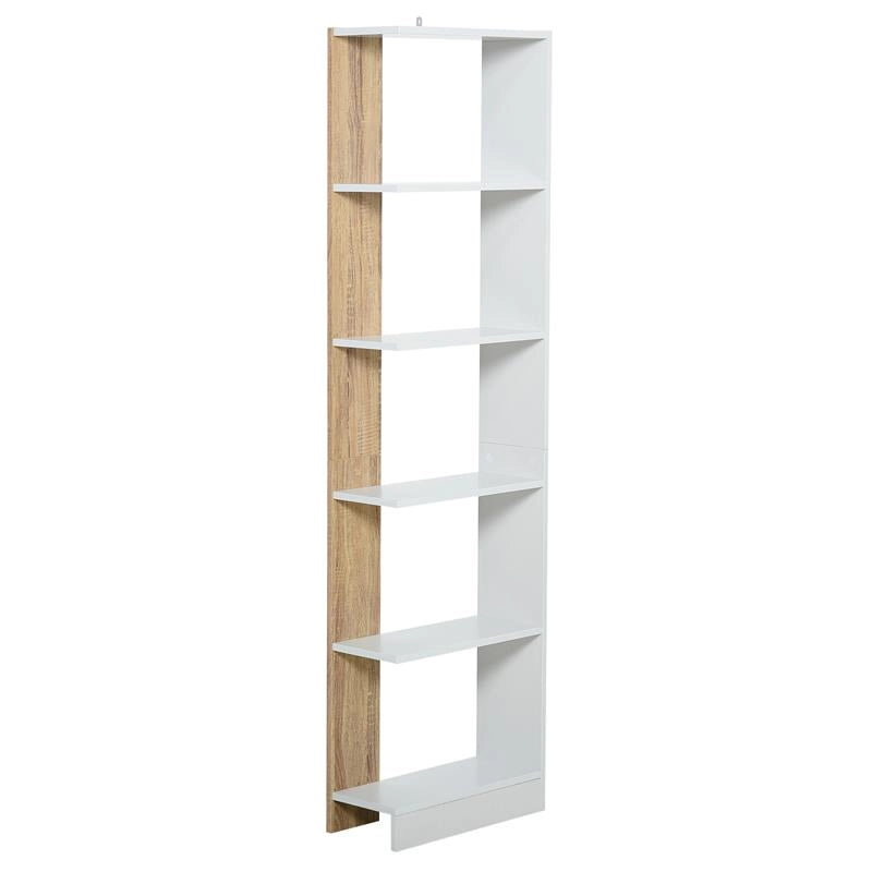 SCAFFALE LIBRERIA A PARETE IN LEGNO CON 5 RIPIANI COLOR ROVERE E BIANCO