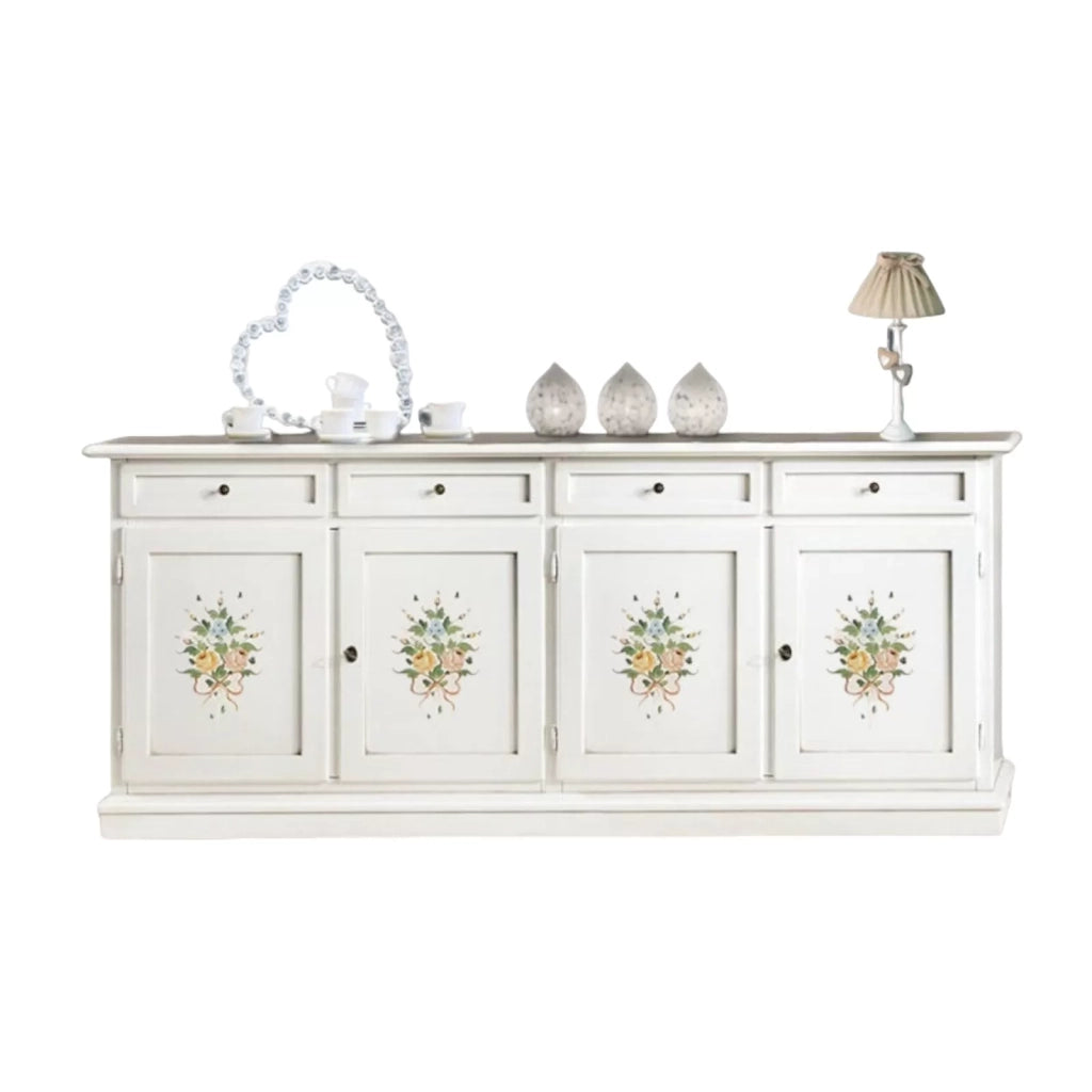 Credenza arte povera 4 porte legno bianco decori 205x42x86 - Mobili 2G