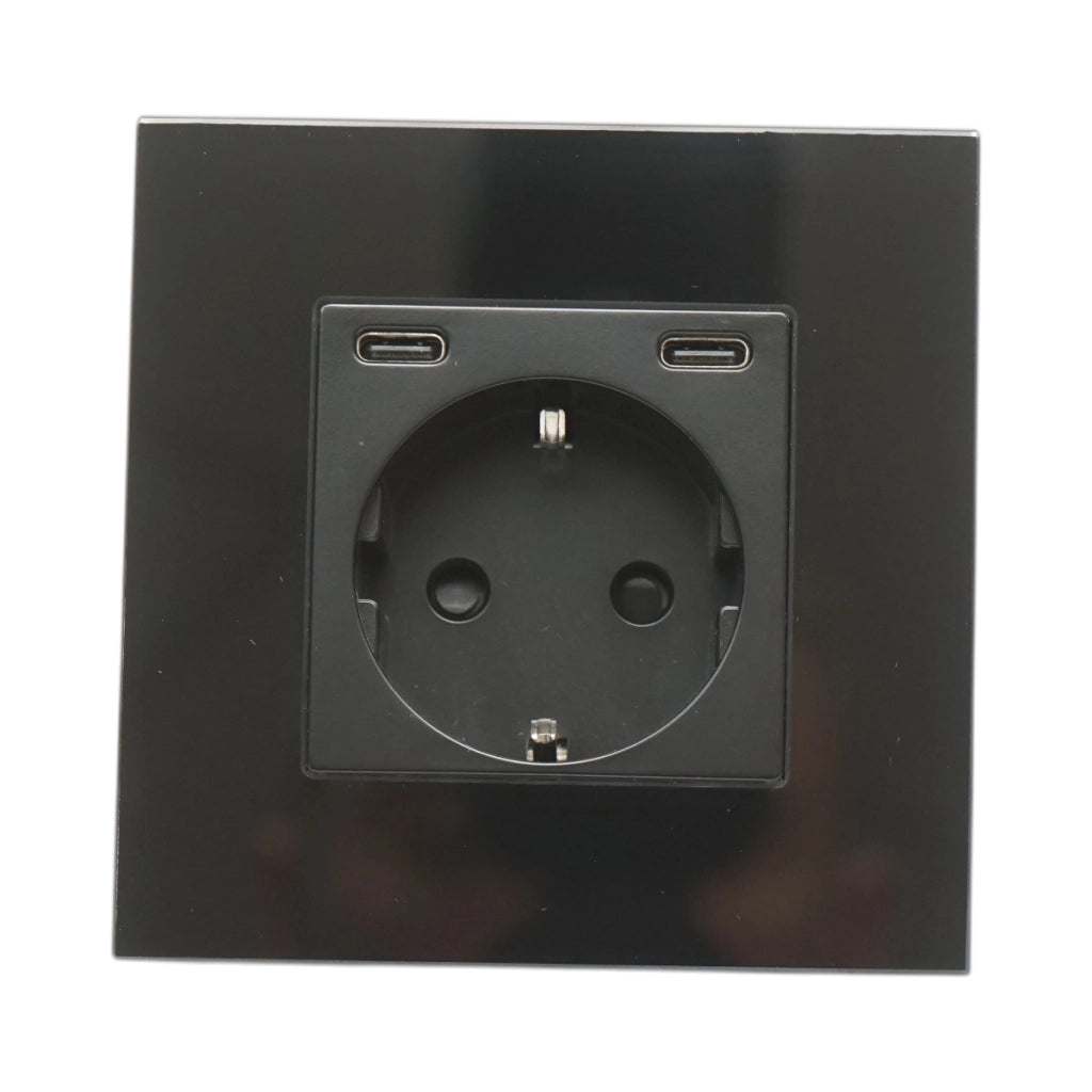 Presa Schuko nera 220V, 16A, 2xUSB-C 20W ricarica rapida, cornice in vetro 86x86x34mm