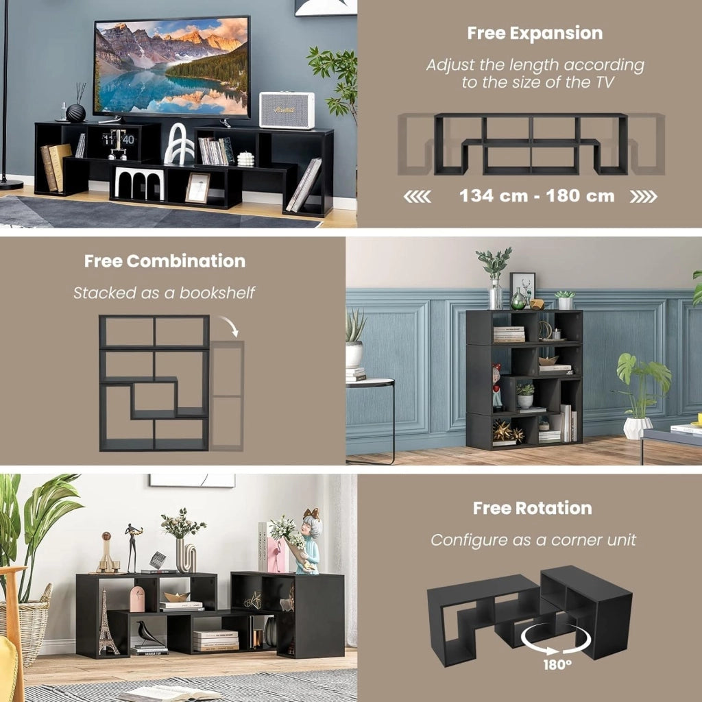 Mobile TV con Ripiani Aperti, Supporto per TV Moderno Fino a 65 Pollici, Ideale per Soggiorno,Camera, 2 Colori,134-180x30x43 cm (Nero)