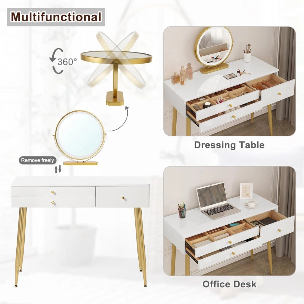 Set Toeletta con Specchio LED 3 Temperature, Sgabello in Velluto, 3 Cassetti in Legno Massello, 100×40×122 cm, Tavolo Trucco Moderno Bianco Champagne