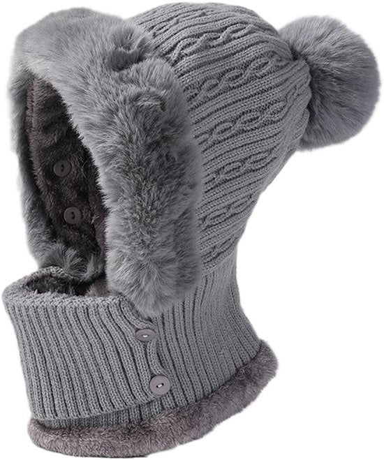 Set di calza e sciarpa calda in lana, cappello di lana per campeggio, cappello di lana elastico con pompon, adatto per sport all'aperto per donne, one size fits all, colore grigio.