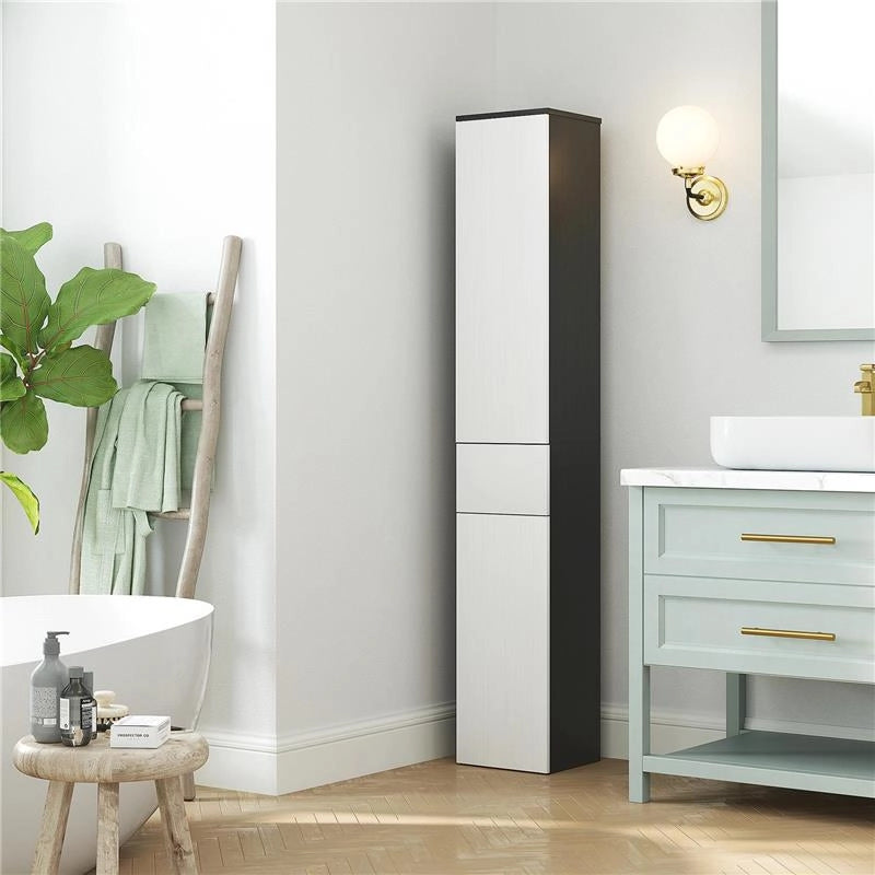 COLONNA BAGNO SALVASPAZIO IN LEGNO CON 2 ARMADIETTI E CASSETTO 30X28X180 CM NERO