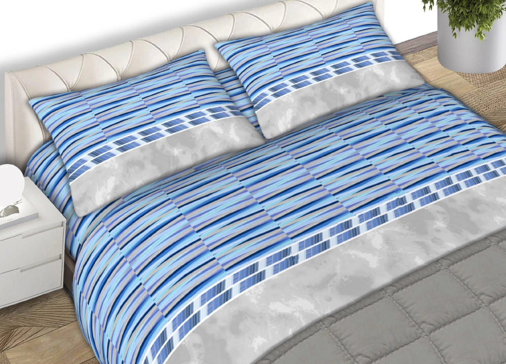 Completo Lenzuola 100% Cotone Made Italy Disegno Flow - Matrimoniale - Azzurro