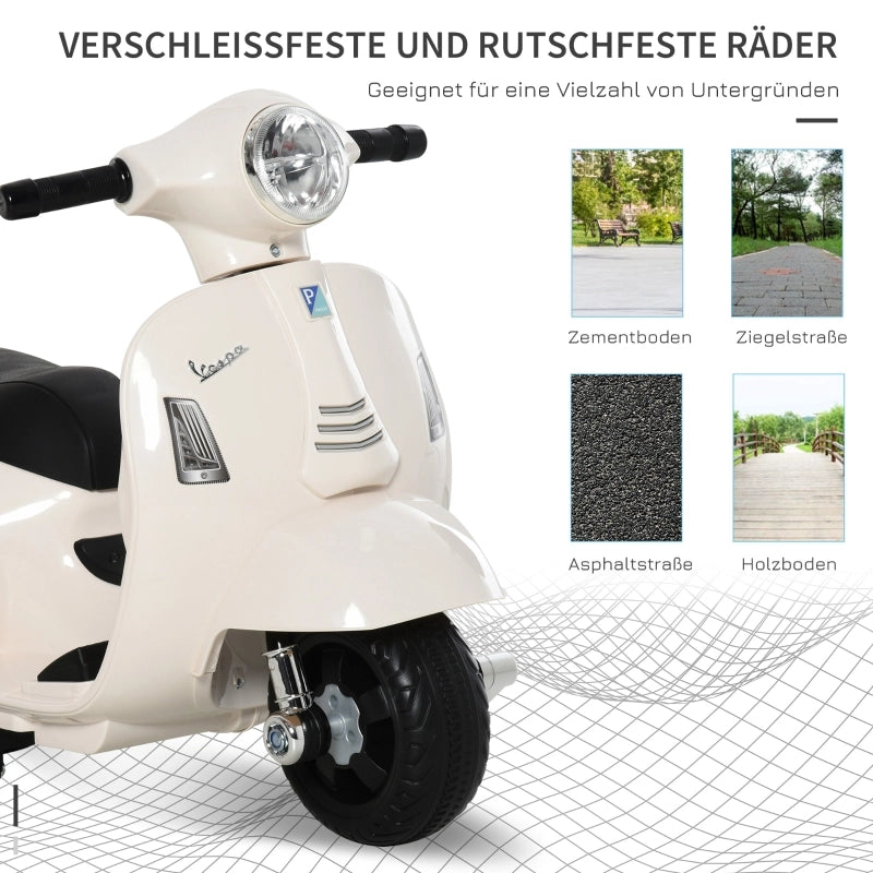 Moto elettrica VESPA per bambini, 18-36 mesi, 3 km/h, luci e suoni a LED, plastica PP e metallo, bianca, 66,5x38x52 cm