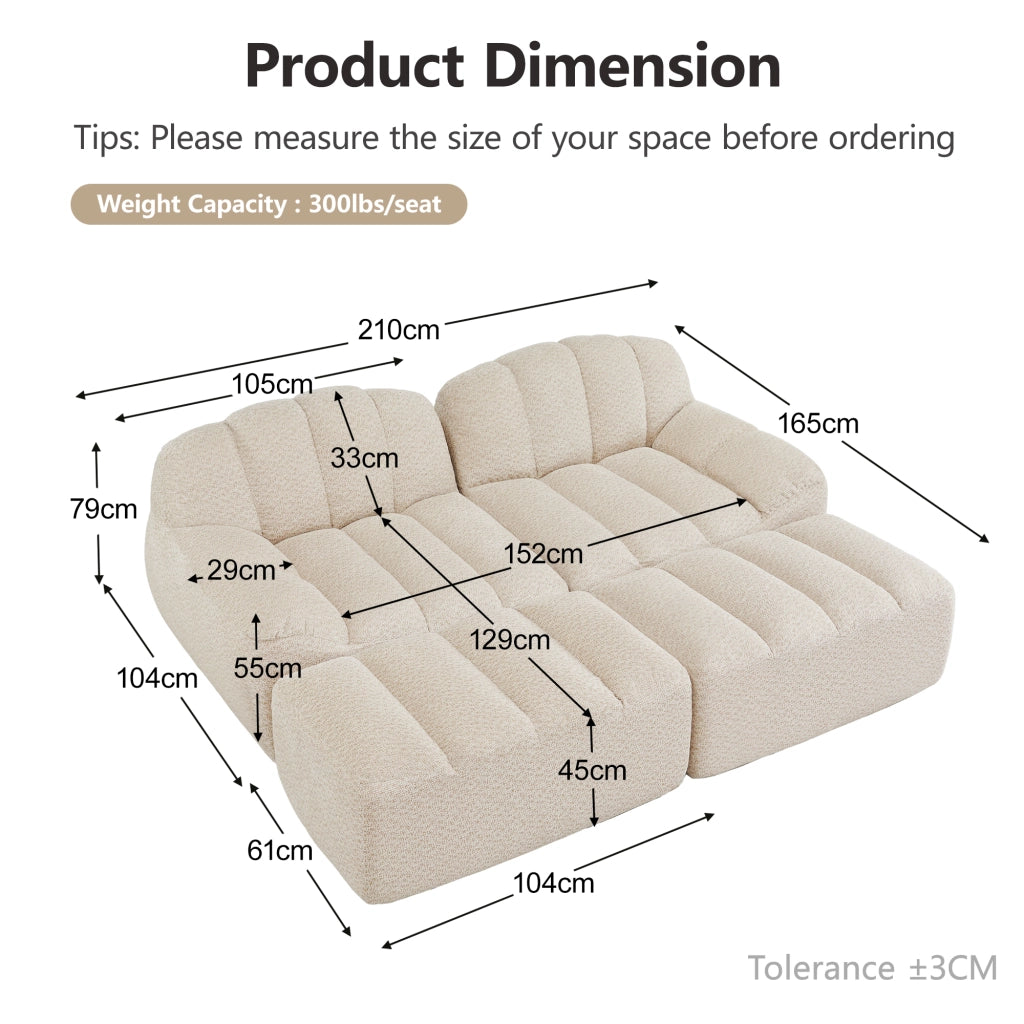 Divano modulare con 2 ottomani, forma ergonomica in pile granulato beige bianco per soggiorno e appartamento