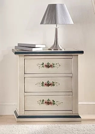 Comodino 3 cassetti legno shabby bianco anticato decori filo azzurro 60x35x64 - Mobili 2G