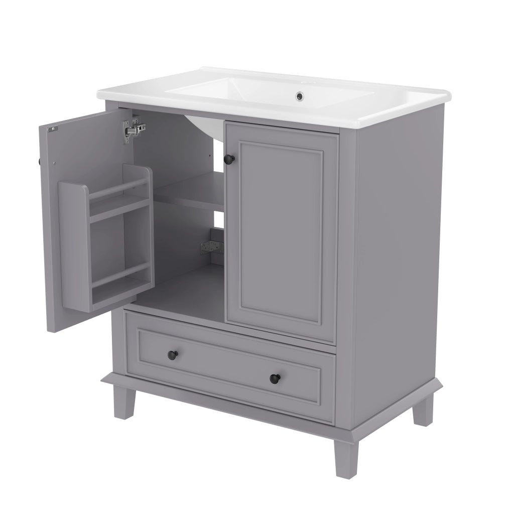 Mobile bagno freestanding 76x46x87 cm con lavabo in ceramica, 2 ante, 1 cassetto, struttura in MDF e gambe in legno massello, grigio