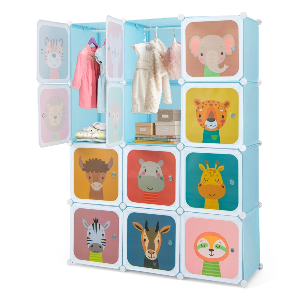 Armadio portatile per bambini, Armadio con 12 cubi con 2 sezioni appendibili com¨° con cartoon Blu-Scaffalature