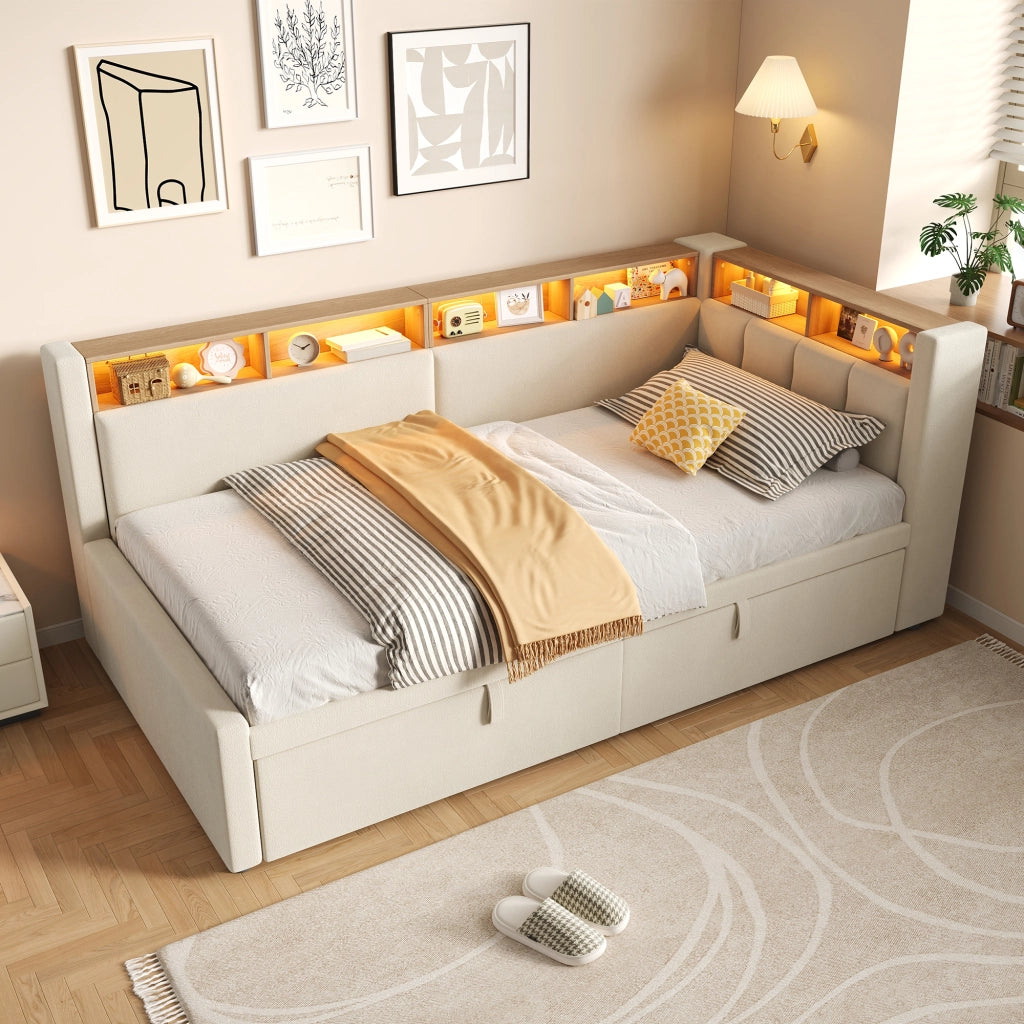 Letto singolo estraibile 90x200 cm in lino e MDF; beige; con LED e testiera contenitore