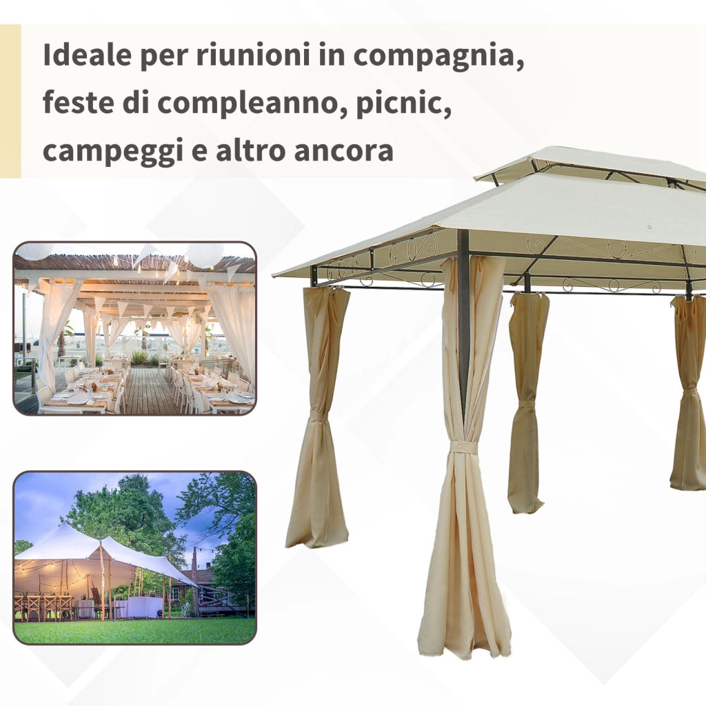 Gazebo da Giardino 3x4 m con Tende e Tetto a 2 Livelli Bianco Crema
