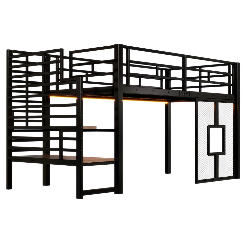 Letto a Soppalco con Scala ¨C MINIMAL ¨C Metallo Nero 90x200, LED, Contenitore