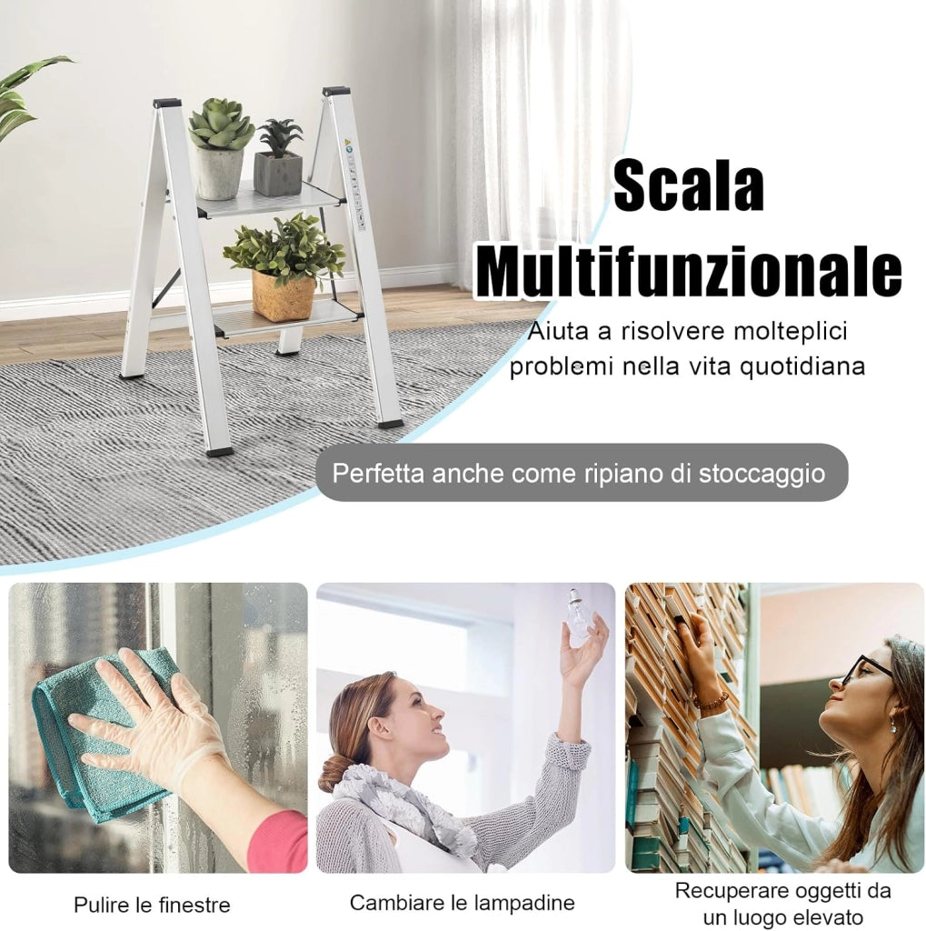 Scala Pieghevole in Alluminio a 2 Gradini, Scaletta Salvaspazio con Fibbia di Sicurezza, Ampi Pedali e Piedini Antiscivolo, Telaio in Alluminio Robusto e Leggero, Portata 150kg
