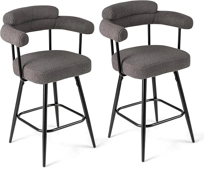 Set di 2 Sgabelli da Bar Girevoli, Sedie Imbottite in Boucle con Schienale, Braccioli Curvi, Gambe in Metallo e Poggiapiedi, Portata 150 kg, per Isola Cucina, Caffè e Pub (Grigio)