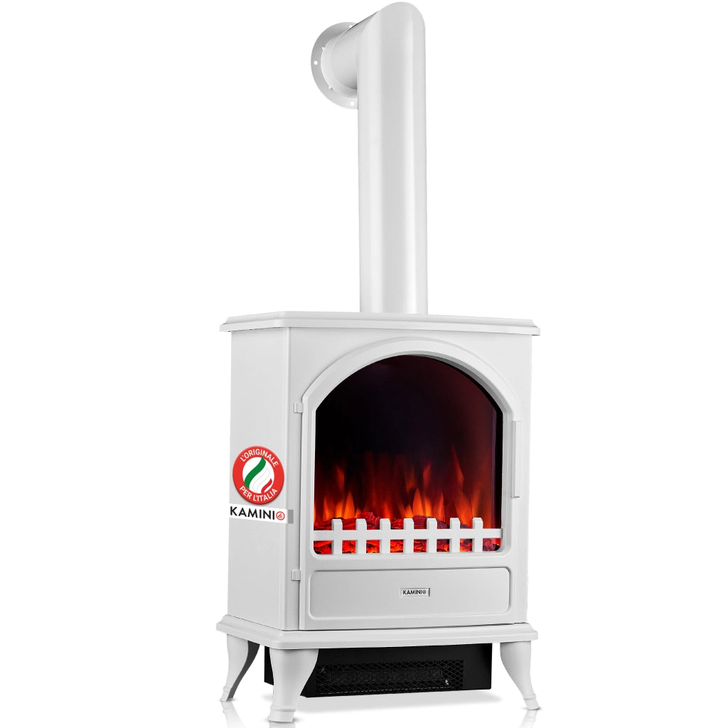 KAMINIO Camino elettrico LENI con tubo di scarico - Camino elettrico con riscaldamento, effetto fiamma 3D - Bianco