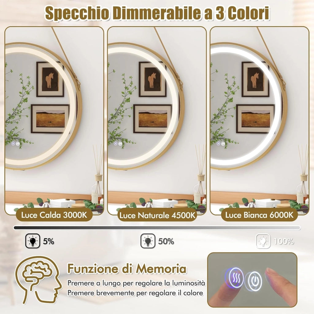 Specchio da Parete 60 x 60cm, Specchio da Bagno Rotondo Moderno con Interruttore Touch, Funzione Antiappannamento, Luce Led Regolabile e Gancio per Soggirno Camera da Letto e Ingresso, IP44