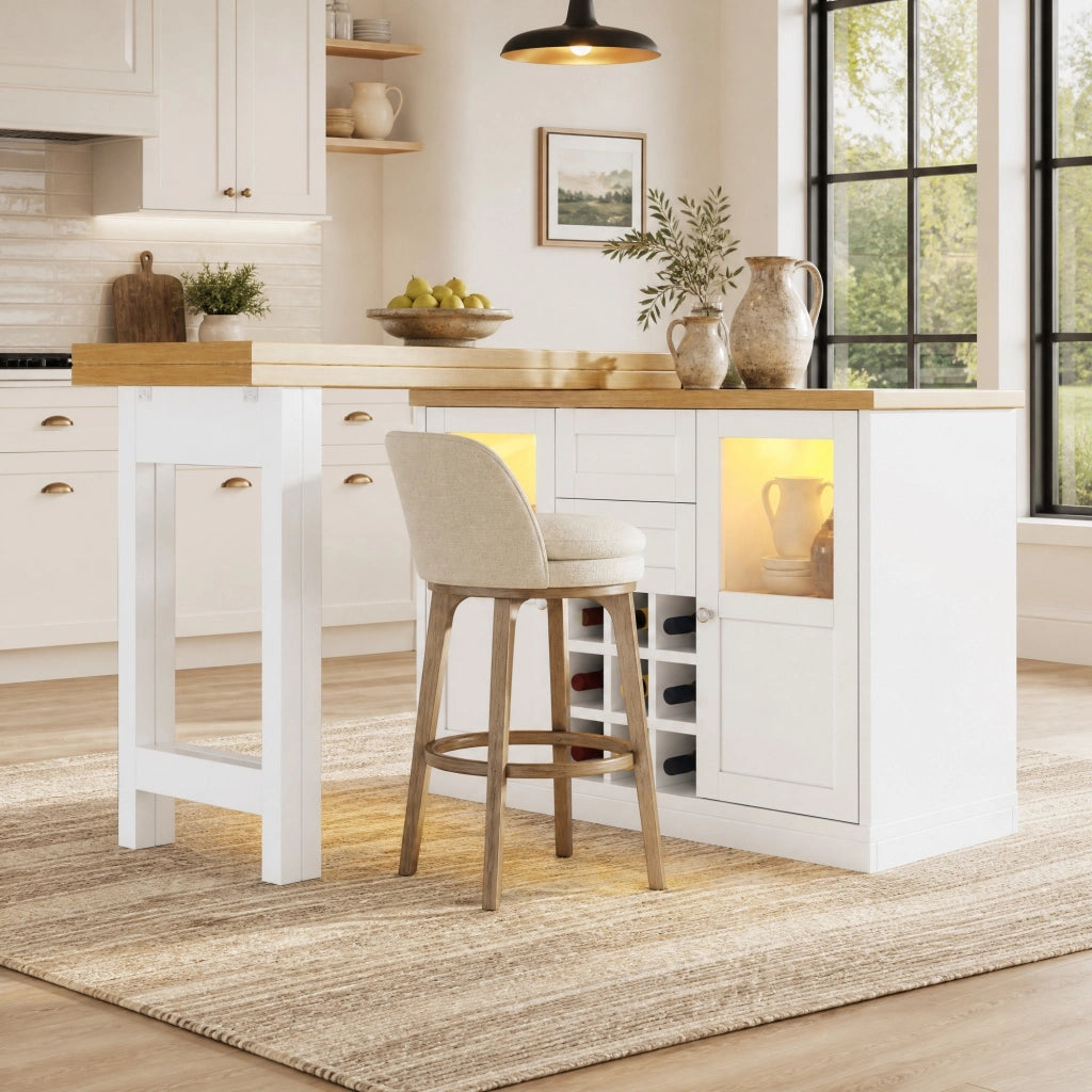 Tavolo da pranzo con 2 cassetti; 2 vani e LED - per cucina e sala da pranzo - in MDF - bianco