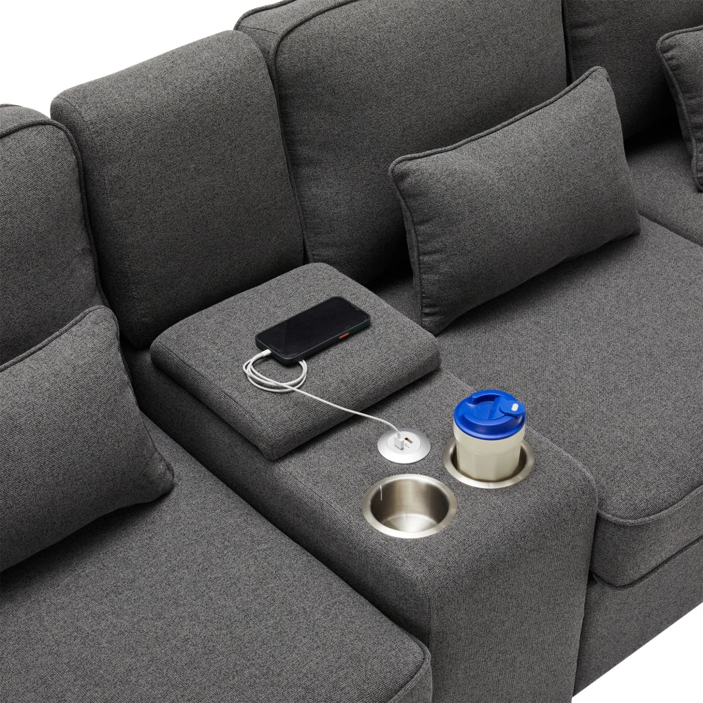 Divano Lineare 4 Posti con USB, Consolle Contenitore, 2 Portabicchieri, 4 Cuscini, in Lino Grigio Scuro