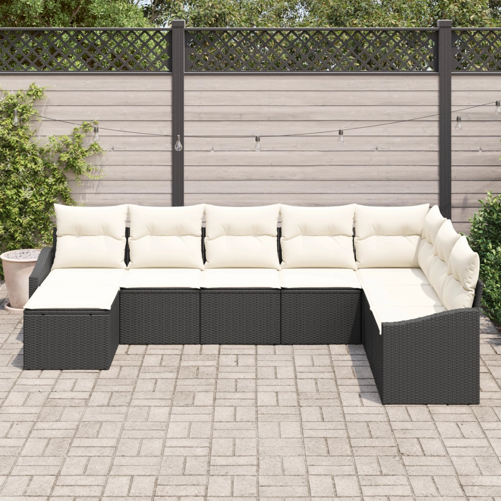 Set da pranzo da giardino 8 pezzi con cuscini in polyrattan nero