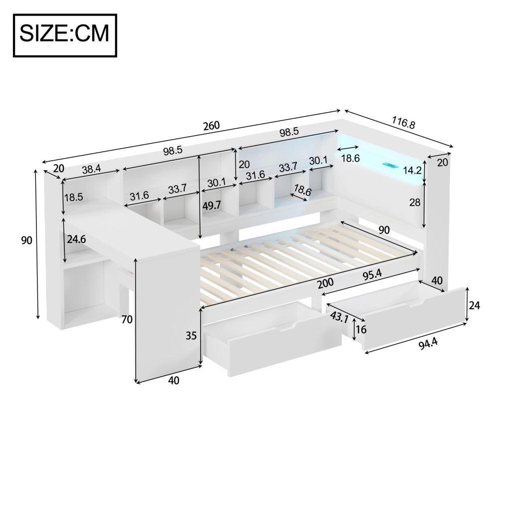 Letto singolo 90x200 a L con scrivania, libreria, LED e cassetti bianco